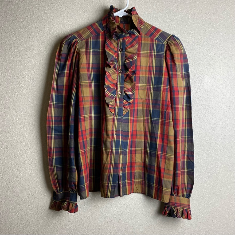 Vintage plaid blouse with ruffle bib